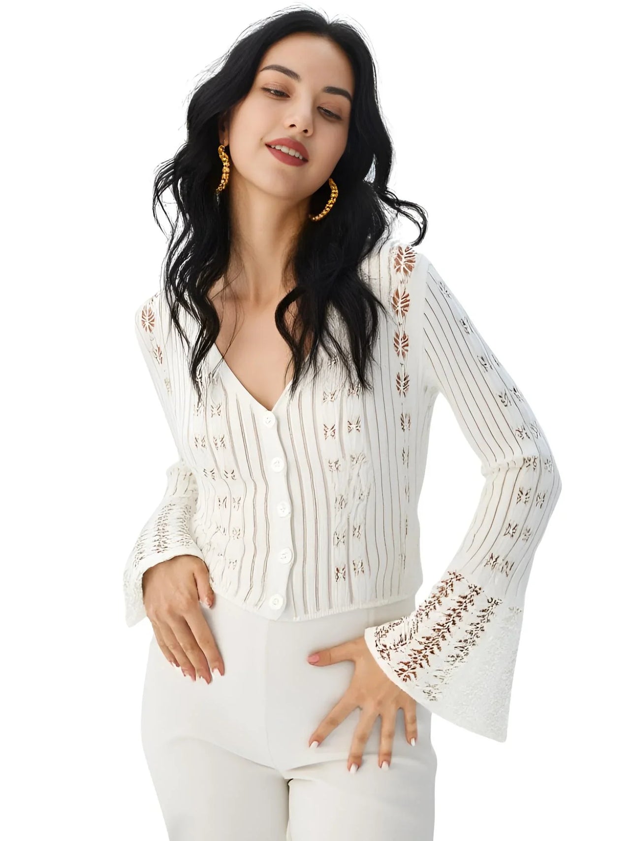 Women's Long Flare-Sleeve Cardigan V Neck Short Sweater Top Hollow Knitted Cardigan, Drestiny, Cardigans, Casual Shirts, Sweaters, Light Knit Sweater Tops, S, M, L, Yellow, White, Pink, Brown, Light Blue, Wine Red, United States, USA, Canada, Australia, New Zealand, United Kingdom, UK, Long flare sleeve cardigan, Women's bell sleeve cardigan, Knit duster cardigan with flare sleeves, Boho flare sleeve sweater, Bell sleeve cardigan jumper, Ladies' knit cardigan with bell sleeves, shopdrestiny.com