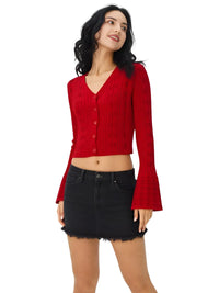 Thumbnail for Women's Long Flare-Sleeve Cardigan V Neck Short Sweater Top Hollow Knitted Cardigan, Drestiny, Cardigans, Casual Shirts, Sweaters, Light Knit Sweater Tops, S, M, L, Yellow, White, Pink, Brown, Light Blue, Wine Red, United States, USA, Canada, Australia, New Zealand, United Kingdom, UK, Long flare sleeve cardigan, Women's bell sleeve cardigan, Knit duster cardigan with flare sleeves, Boho flare sleeve sweater, Bell sleeve cardigan jumper, Ladies' knit cardigan with bell sleeves, shopdrestiny.com