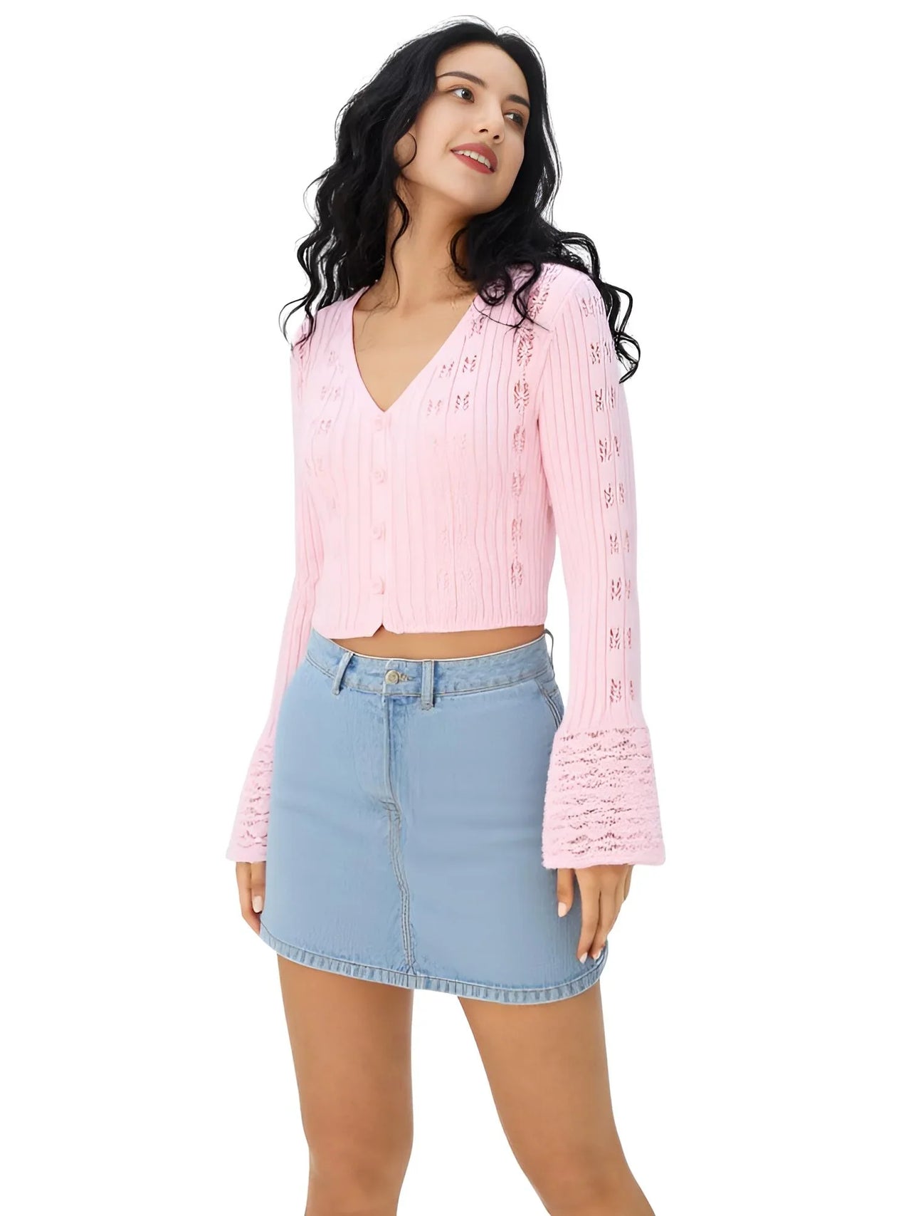 Women's Long Flare-Sleeve Cardigan V Neck Short Sweater Top Hollow Knitted Cardigan, Drestiny, Cardigans, Casual Shirts, Sweaters, Light Knit Sweater Tops, S, M, L, Yellow, White, Pink, Brown, Light Blue, Wine Red, United States, USA, Canada, Australia, New Zealand, United Kingdom, UK, Long flare sleeve cardigan, Women's bell sleeve cardigan, Knit duster cardigan with flare sleeves, Boho flare sleeve sweater, Bell sleeve cardigan jumper, Ladies' knit cardigan with bell sleeves, shopdrestiny.com