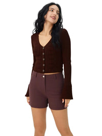 Thumbnail for Women's Long Flare-Sleeve Cardigan V Neck Short Sweater Top Hollow Knitted Cardigan, Drestiny, Cardigans, Casual Shirts, Sweaters, Light Knit Sweater Tops, S, M, L, Yellow, White, Pink, Brown, Light Blue, Wine Red, United States, USA, Canada, Australia, New Zealand, United Kingdom, UK, Long flare sleeve cardigan, Women's bell sleeve cardigan, Knit duster cardigan with flare sleeves, Boho flare sleeve sweater, Bell sleeve cardigan jumper, Ladies' knit cardigan with bell sleeves, shopdrestiny.com