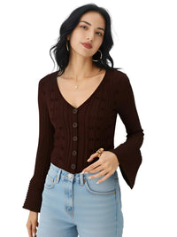 Thumbnail for Woman wearing a brown cardigan and light blue jeans on a white background