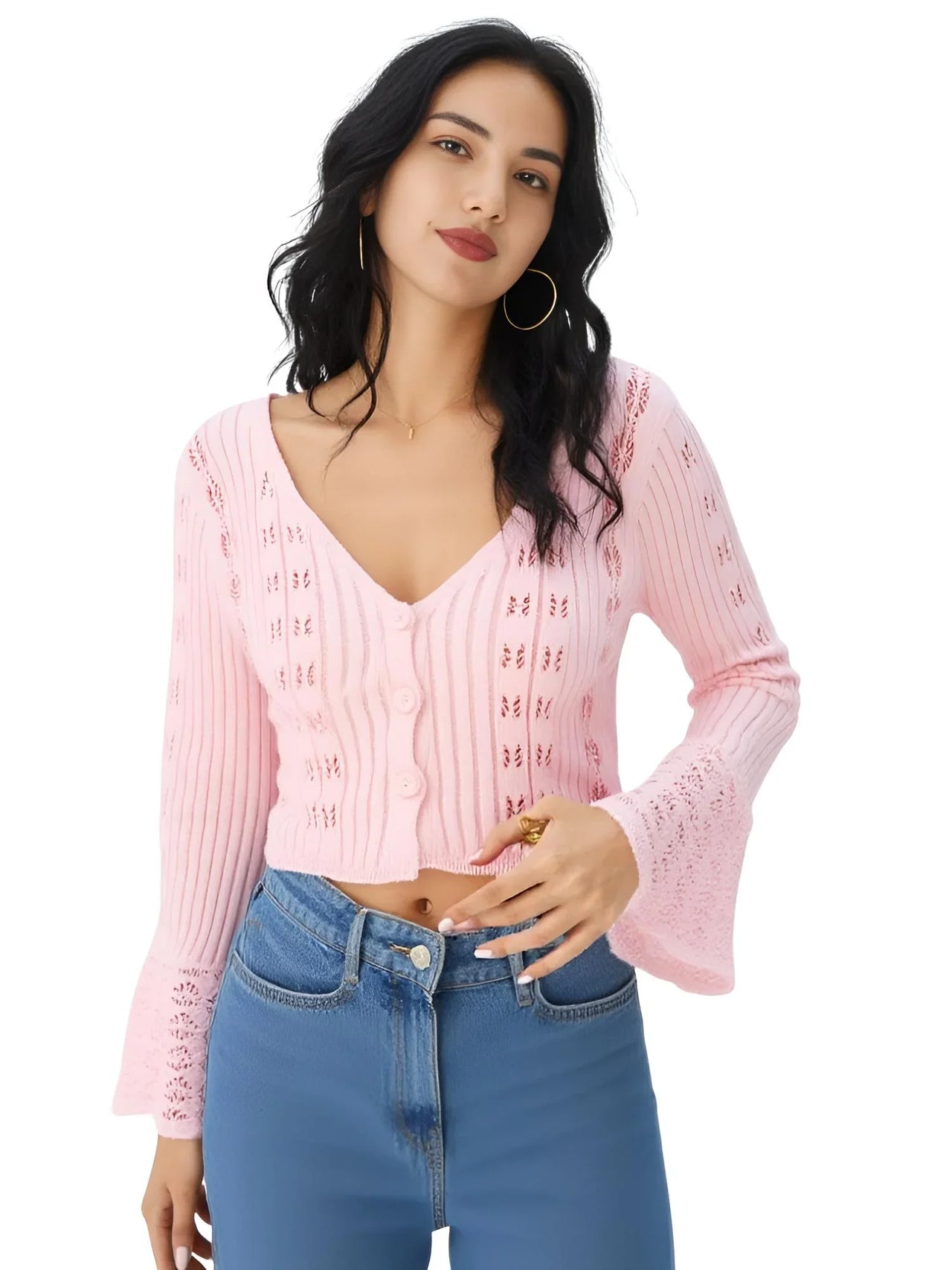 Women's Long Flare-Sleeve Cardigan V Neck Short Sweater Top Hollow Knitted Cardigan, Drestiny, Cardigans, Casual Shirts, Sweaters, Light Knit Sweater Tops, S, M, L, Yellow, White, Pink, Brown, Light Blue, Wine Red, United States, USA, Canada, Australia, New Zealand, United Kingdom, UK, Long flare sleeve cardigan, Women's bell sleeve cardigan, Knit duster cardigan with flare sleeves, Boho flare sleeve sweater, Bell sleeve cardigan jumper, Ladies' knit cardigan with bell sleeves, shopdrestiny.com