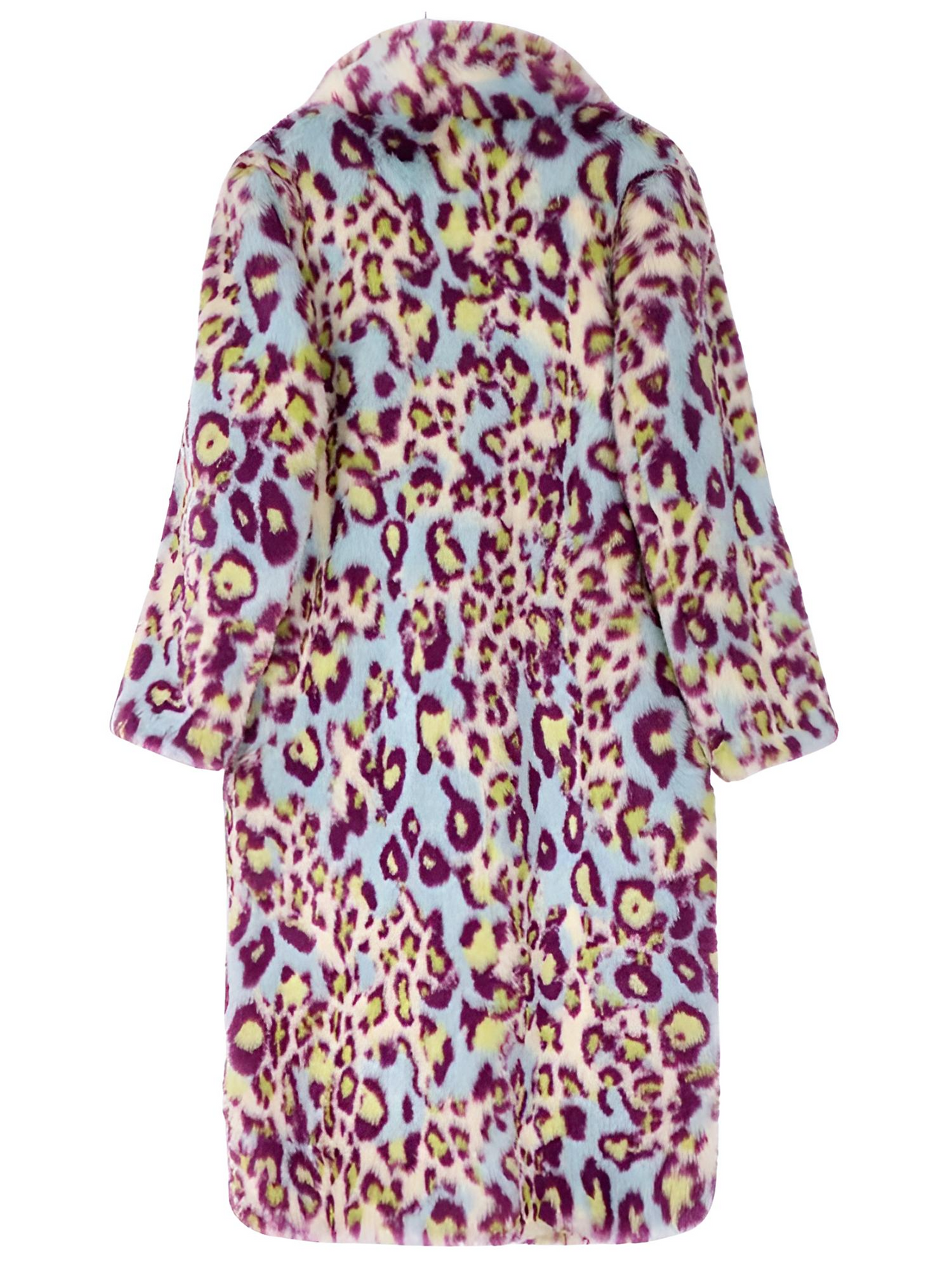 Leopard print faux fur coat with colorful pattern on a white background