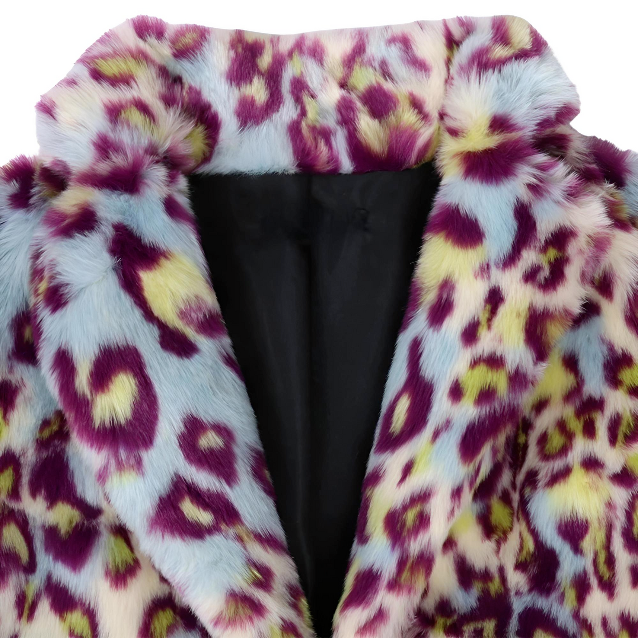 Close-up of a multicolored fur coat with a leopard print pattern.