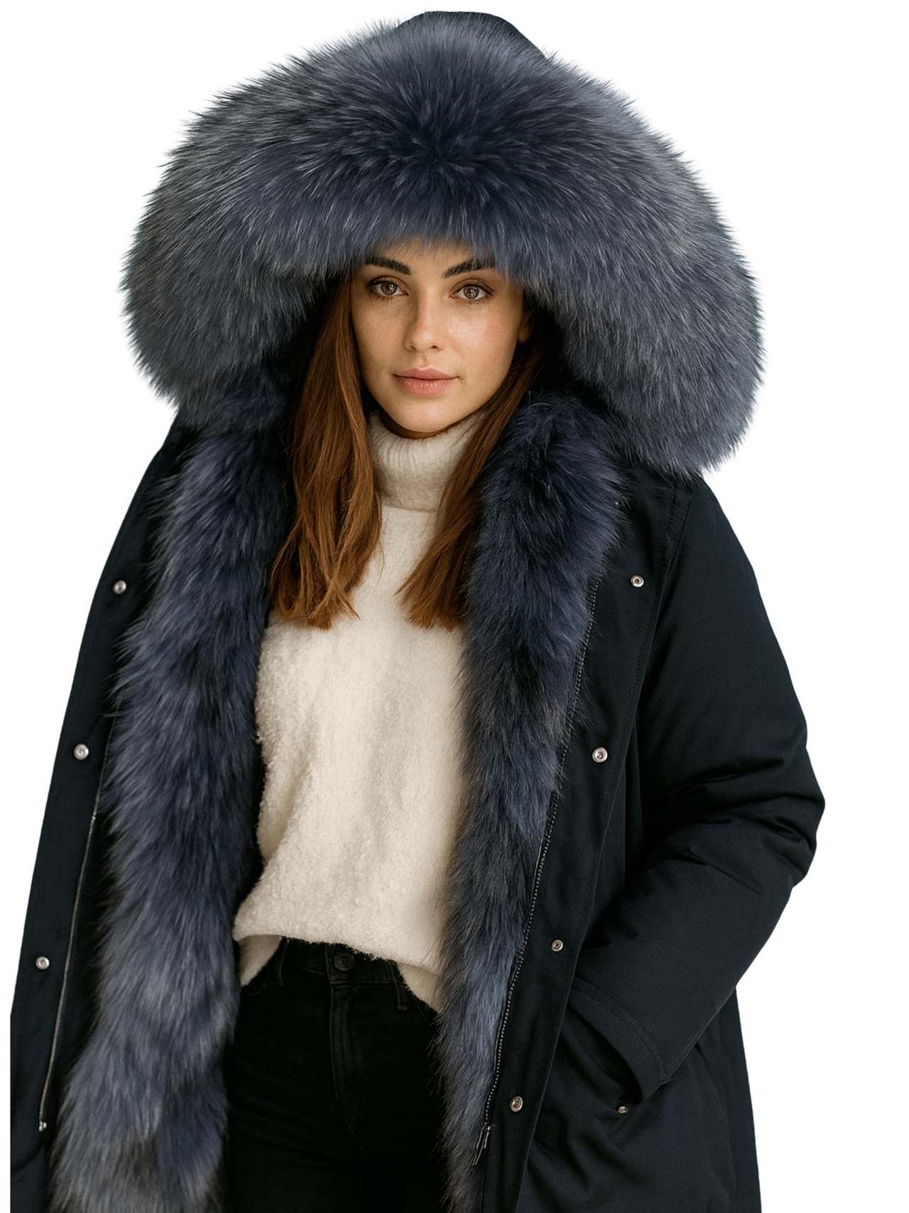 Woman wearing a black coat with a large fur hood on a white background