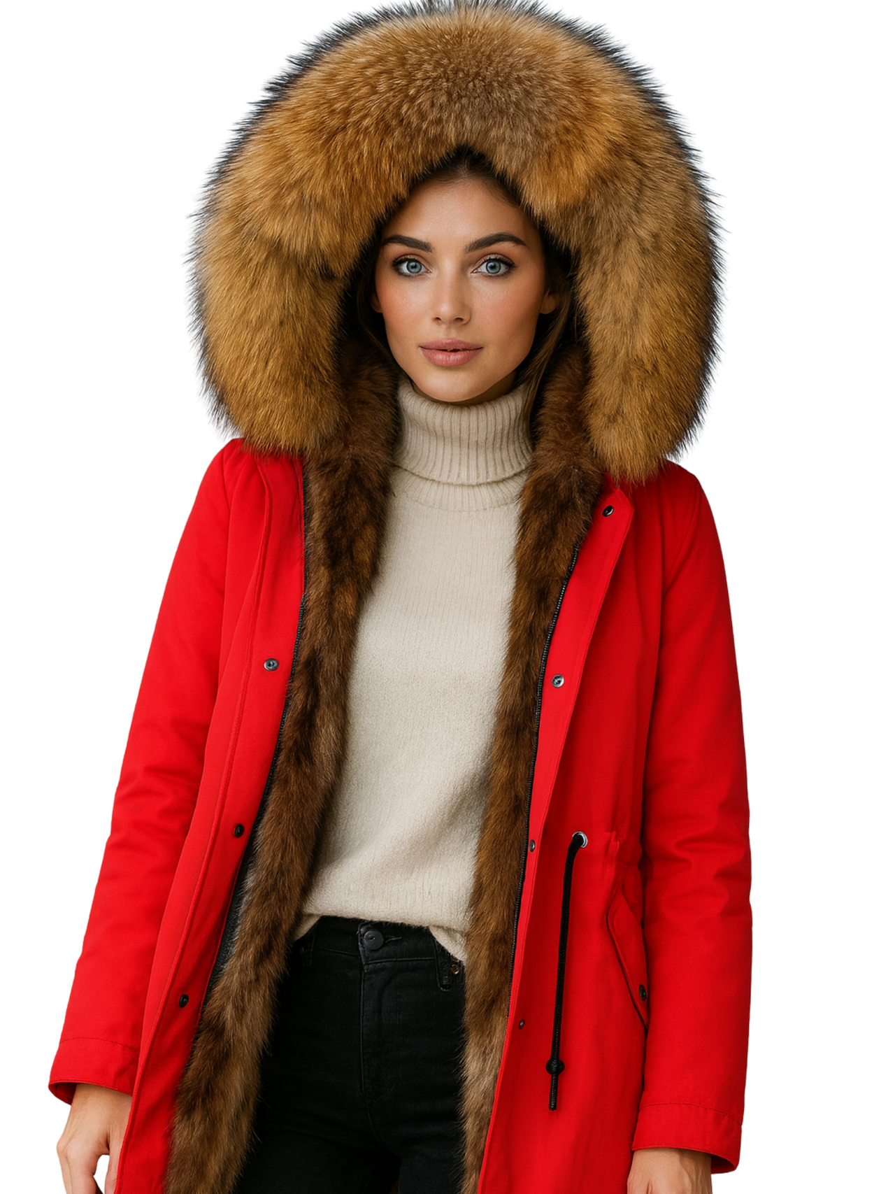 Red parka coat with a fur hood worn by a model on a white background