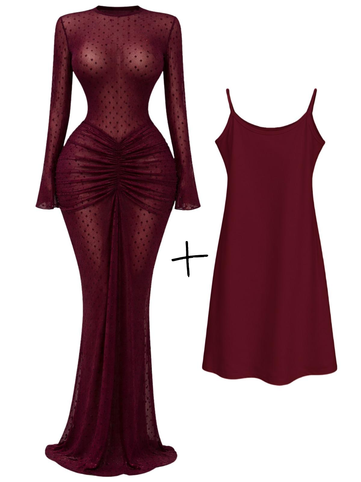 10 Styles of Women's Long Sleeve Bodycon Dresses Stacked Mesh See-Through With Lining Long Dress Evening Birthday Sexy Party Dresses