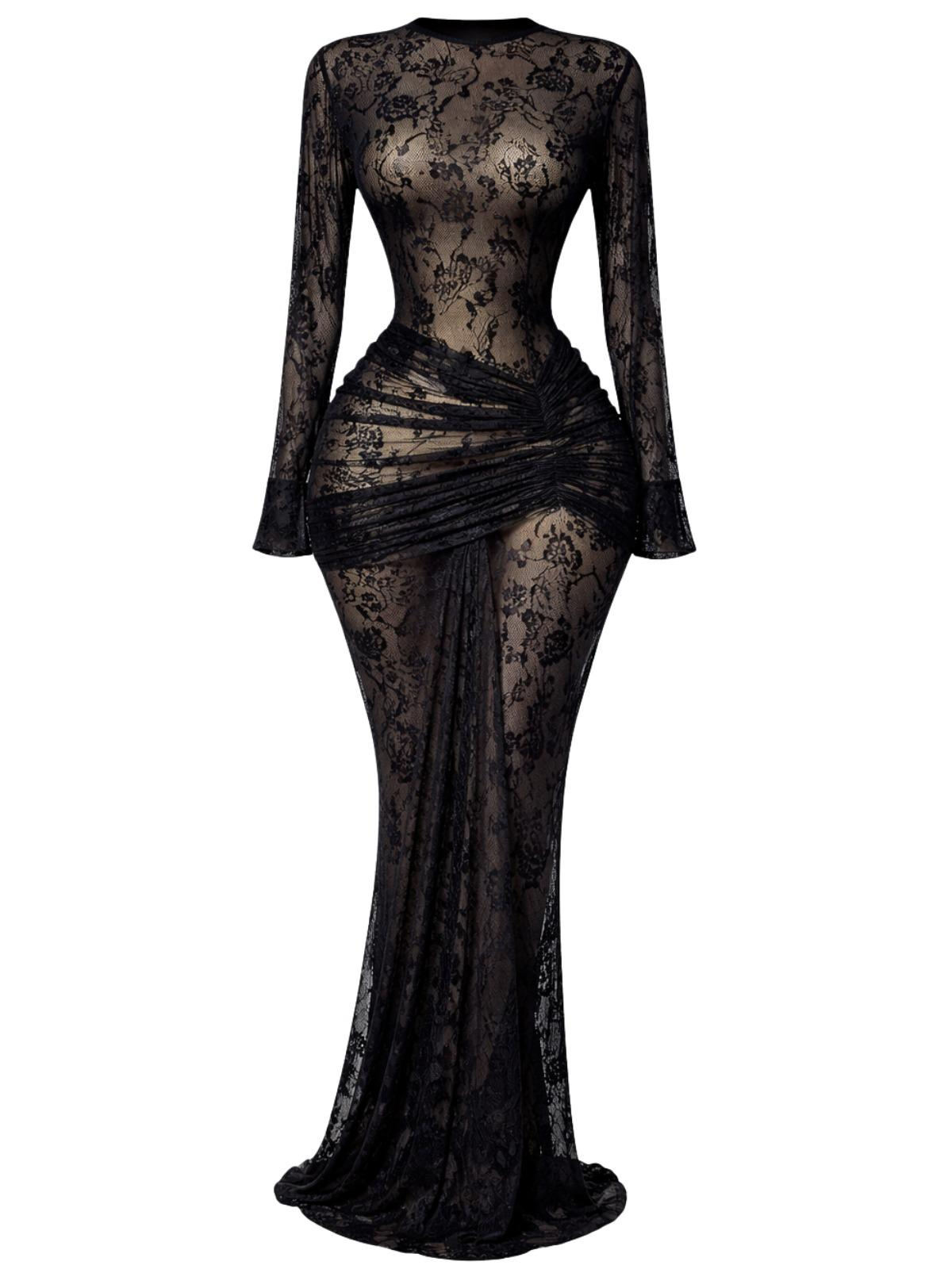 Black mesh dress with long sleeves on a white background