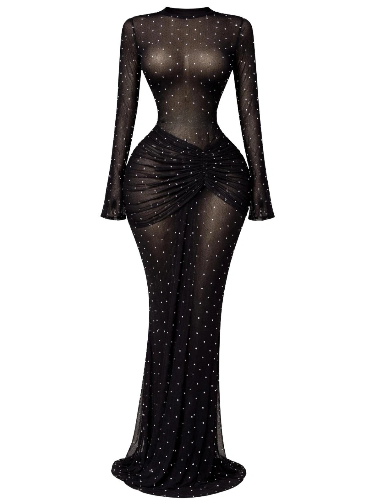 Black sheer dress with long sleeves on a white background