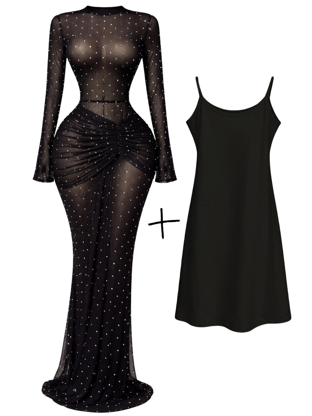 10 Styles of Women's Long Sleeve Bodycon Dresses Stacked Mesh See-Through With Lining Long Dress Evening Birthday Sexy Party Dresses