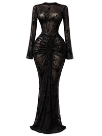 Thumbnail for Black see through evening gown with long sleeves on a white background