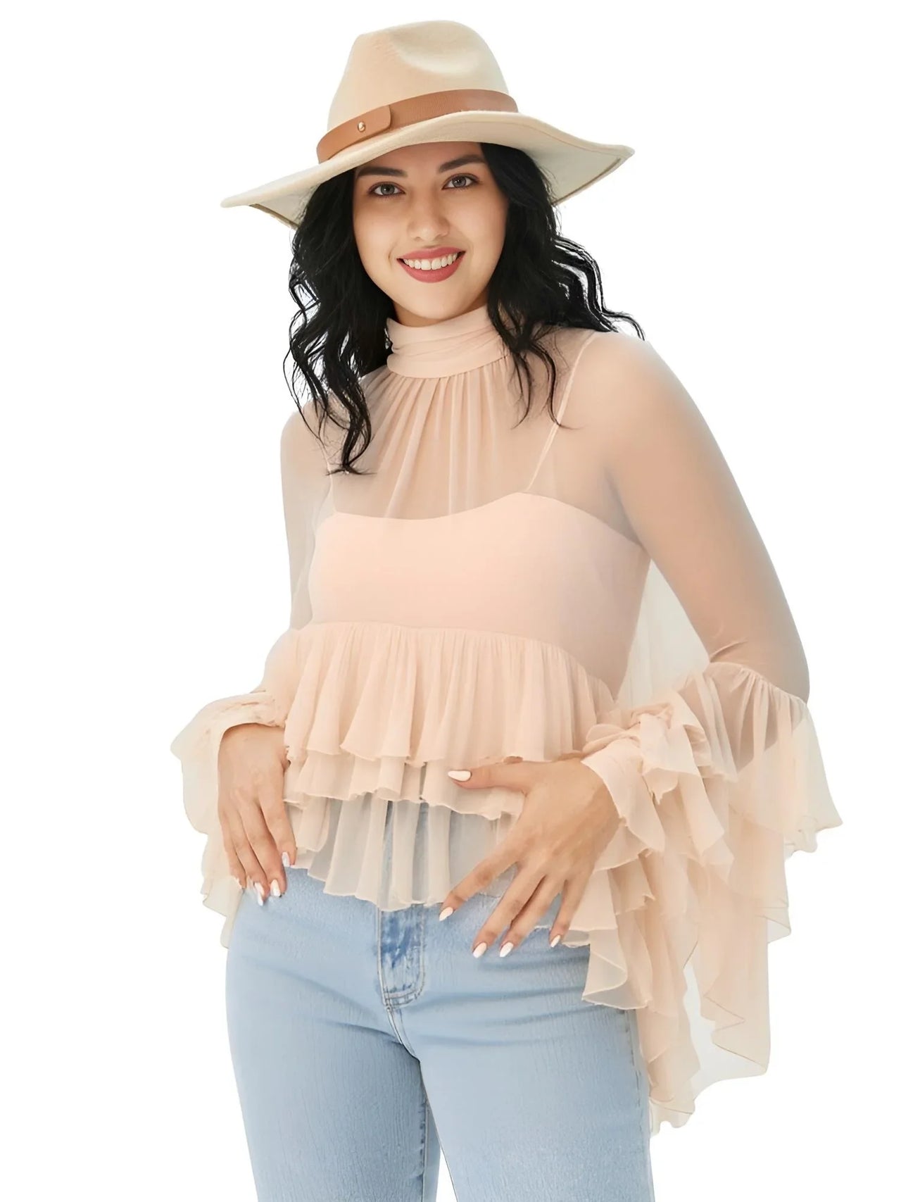 Women's Loose Sheer Blouse High Neck Long Sleeves Patchwork Ruffles Folds Elegant Blouse Female Clothing, Drestiny, Blouses, Dress Shirts, Casual Shirts, Long Sleeves, United States, USA, Canada, Australia, New Zealand, United Kingdom, UK, Beige, Pink, S, M, L, XL, 4, 6, 8, 10, 12, Sheer Blouse, Loose Fit Blouse, Flowy Sheer Shirt, Summer Sheer Top, Sheer Blouse UK, Long Sleeve Sheer Top, shopdrestiny.com 