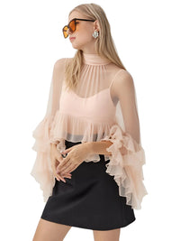 Thumbnail for Women's Loose Sheer Blouse High Neck Long Sleeves Patchwork Ruffles Folds Elegant Blouse Female Clothing, Drestiny, Blouses, Dress Shirts, Casual Shirts, Long Sleeves, United States, USA, Canada, Australia, New Zealand, United Kingdom, UK, Beige, Pink, S, M, L, XL, 4, 6, 8, 10, 12, Sheer Blouse, Loose Fit Blouse, Flowy Sheer Shirt, Summer Sheer Top, Sheer Blouse UK, Long Sleeve Sheer Top, shopdrestiny.com 