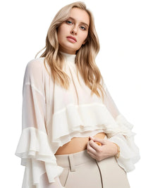 Thumbnail for Women's Loose Sheer Blouse High Neck Long Sleeves Patchwork Ruffles Folds Elegant Blouse Female Clothing, Drestiny, Blouses, Dress Shirts, Casual Shirts, Long Sleeves, United States, USA, Canada, Australia, New Zealand, United Kingdom, UK, Beige, Pink, S, M, L, XL, 4, 6, 8, 10, 12, Sheer Blouse, Loose Fit Blouse, Flowy Sheer Shirt, Summer Sheer Top, Sheer Blouse UK, Long Sleeve Sheer Top, shopdrestiny.com 