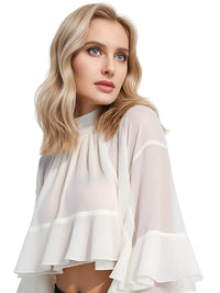 Thumbnail for Women's Loose Sheer Blouse High Neck Long Sleeves Patchwork Ruffles Folds Elegant Blouse Female Clothing, Drestiny, Blouses, Dress Shirts, Casual Shirts, Long Sleeves, United States, USA, Canada, Australia, New Zealand, United Kingdom, UK, Beige, Pink, S, M, L, XL, 4, 6, 8, 10, 12, Sheer Blouse, Loose Fit Blouse, Flowy Sheer Shirt, Summer Sheer Top, Sheer Blouse UK, Long Sleeve Sheer Top, shopdrestiny.com 