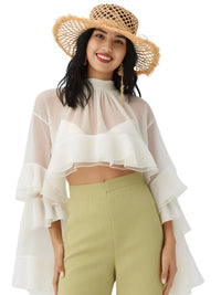 Thumbnail for Women's Loose Sheer Blouse High Neck Long Sleeves Patchwork Ruffles Folds Elegant Blouse Female Clothing, Drestiny, Blouses, Dress Shirts, Casual Shirts, Long Sleeves, United States, USA, Canada, Australia, New Zealand, United Kingdom, UK, Beige, Pink, S, M, L, XL, 4, 6, 8, 10, 12, Sheer Blouse, Loose Fit Blouse, Flowy Sheer Shirt, Summer Sheer Top, Sheer Blouse UK, Long Sleeve Sheer Top, shopdrestiny.com 