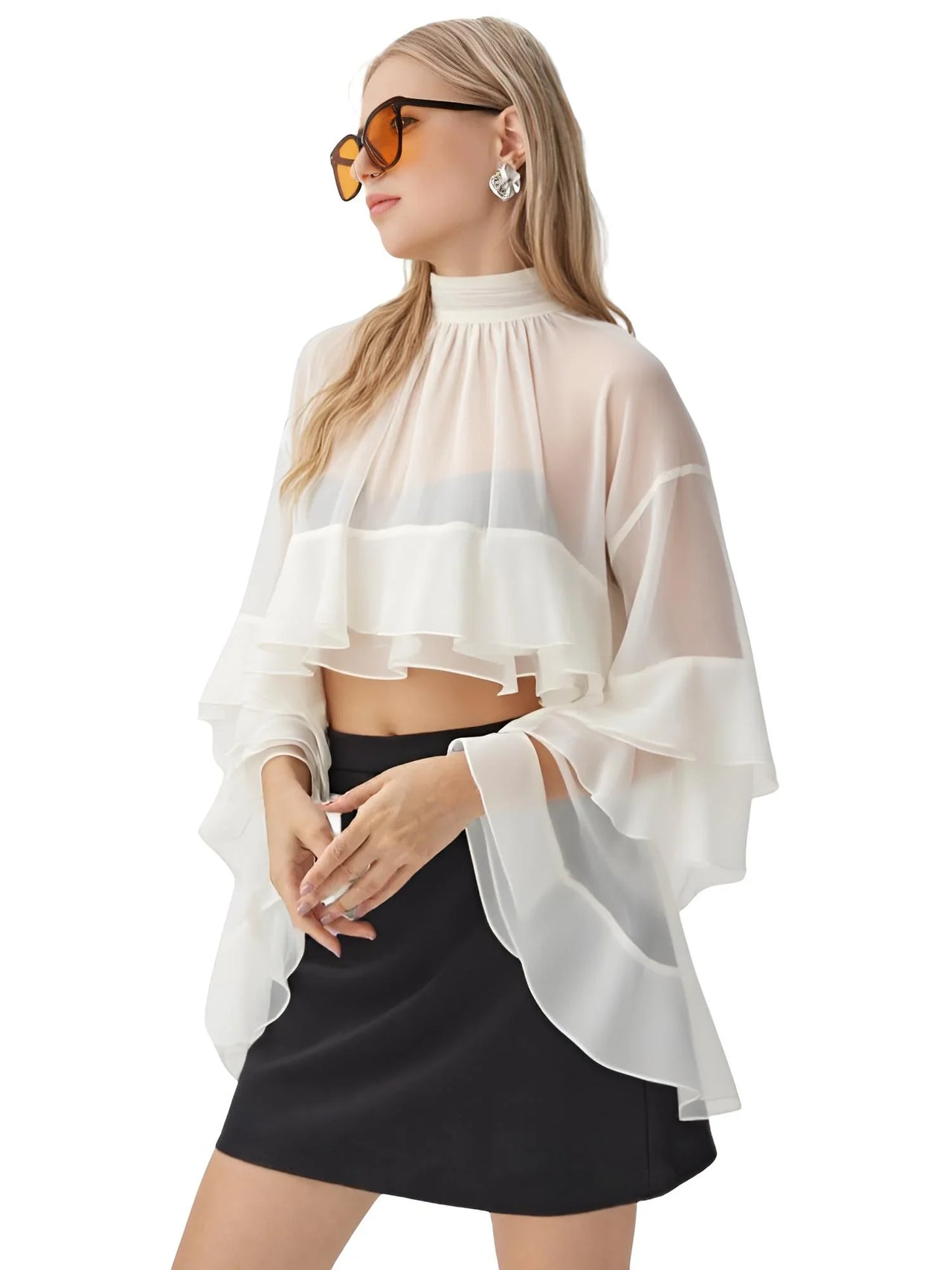 Women's Loose Sheer Blouse High Neck Long Sleeves Patchwork Ruffles Folds Elegant Blouse Female Clothing, Drestiny, Blouses, Dress Shirts, Casual Shirts, Long Sleeves, United States, USA, Canada, Australia, New Zealand, United Kingdom, UK, Beige, Pink, S, M, L, XL, 4, 6, 8, 10, 12, Sheer Blouse, Loose Fit Blouse, Flowy Sheer Shirt, Summer Sheer Top, Sheer Blouse UK, Long Sleeve Sheer Top, shopdrestiny.com 
