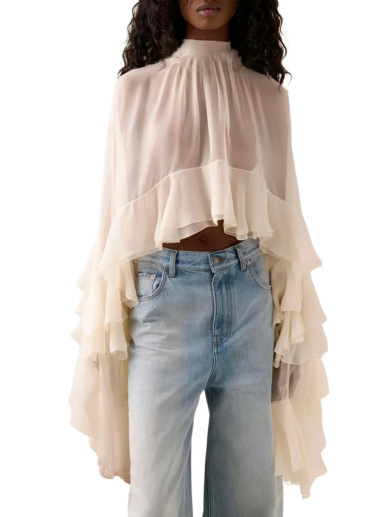 Women's Loose Sheer Blouse High Neck Long Sleeves Patchwork Ruffles Folds Elegant Blouse Female Clothing, Drestiny, Blouses, Dress Shirts, Casual Shirts, Long Sleeves, United States, USA, Canada, Australia, New Zealand, United Kingdom, UK, Beige, Pink, S, M, L, XL, 4, 6, 8, 10, 12, Sheer Blouse, Loose Fit Blouse, Flowy Sheer Shirt, Summer Sheer Top, Sheer Blouse UK, Long Sleeve Sheer Top, shopdrestiny.com 