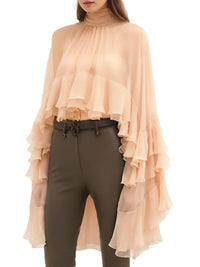 Thumbnail for Women's Loose Sheer Blouse High Neck Long Sleeves Patchwork Ruffles Folds Elegant Blouse Female Clothing, Drestiny, Blouses, Dress Shirts, Casual Shirts, Long Sleeves, United States, USA, Canada, Australia, New Zealand, United Kingdom, UK, Beige, Pink, S, M, L, XL, 4, 6, 8, 10, 12, Sheer Blouse, Loose Fit Blouse, Flowy Sheer Shirt, Summer Sheer Top, Sheer Blouse UK, Long Sleeve Sheer Top, shopdrestiny.com 