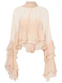 Thumbnail for Women's Loose Sheer Blouse High Neck Long Sleeves Patchwork Ruffles Folds Elegant Blouse Female Clothing, Drestiny, Blouses, Dress Shirts, Casual Shirts, Long Sleeves, United States, USA, Canada, Australia, New Zealand, United Kingdom, UK, Beige, Pink, S, M, L, XL, 4, 6, 8, 10, 12, Sheer Blouse, Loose Fit Blouse, Flowy Sheer Shirt, Summer Sheer Top, Sheer Blouse UK, Long Sleeve Sheer Top, shopdrestiny.com 