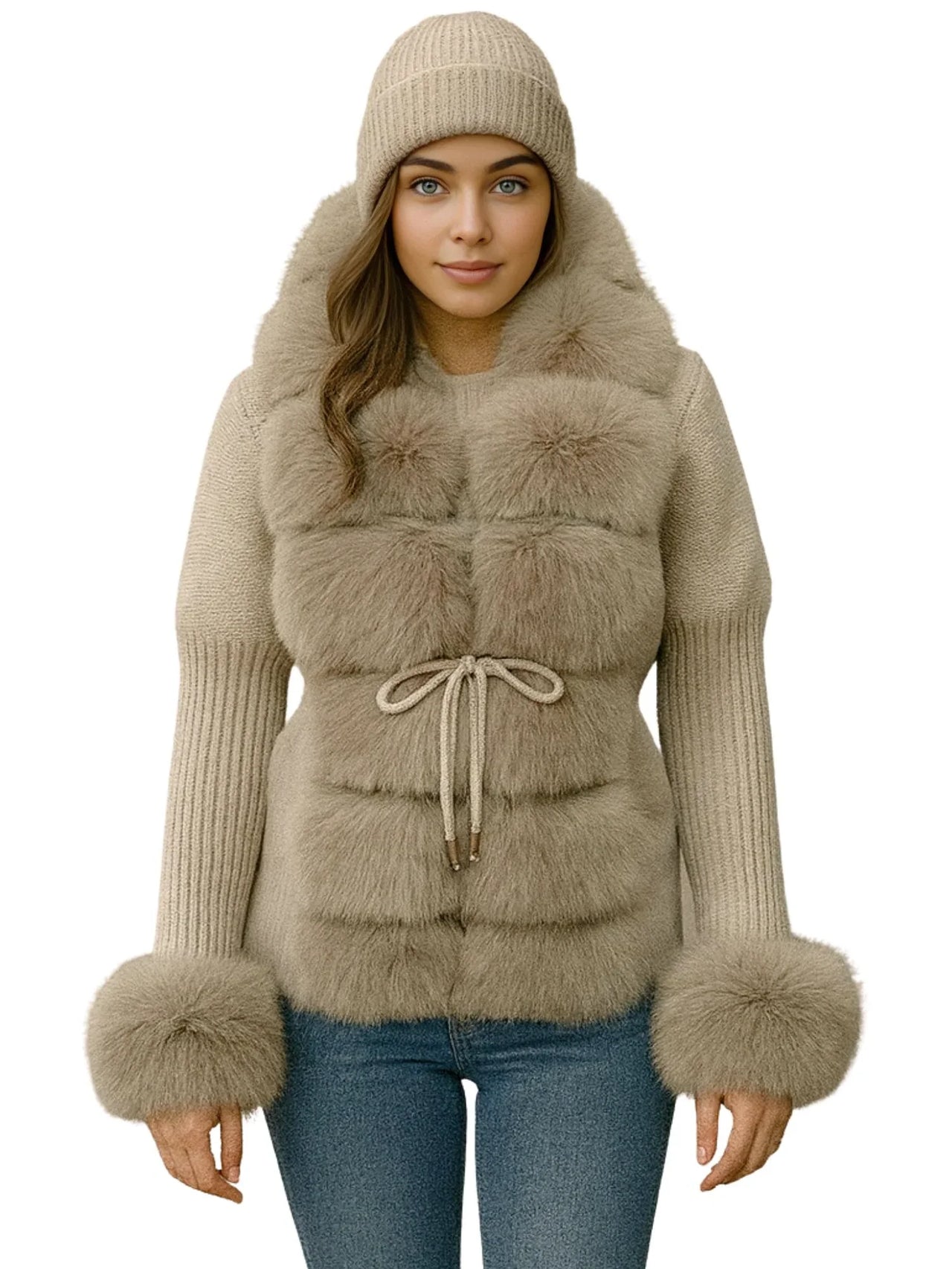 Woman wearing a beige fur-trimmed sweater coat and hat on a white background