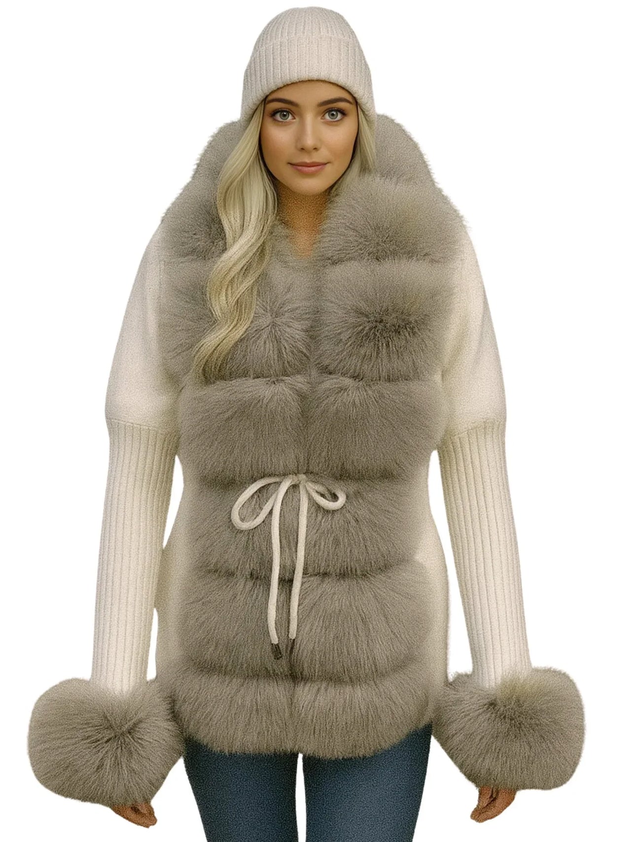 Woman wearing a fur vest with a white knit sweater coat and beanie on a white background