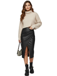 Thumbnail for Women's Midi Leather Skirt Sexy Split High Waist Front Slit Skirts Ladies Black Faux Leather Folded Skirt For Women