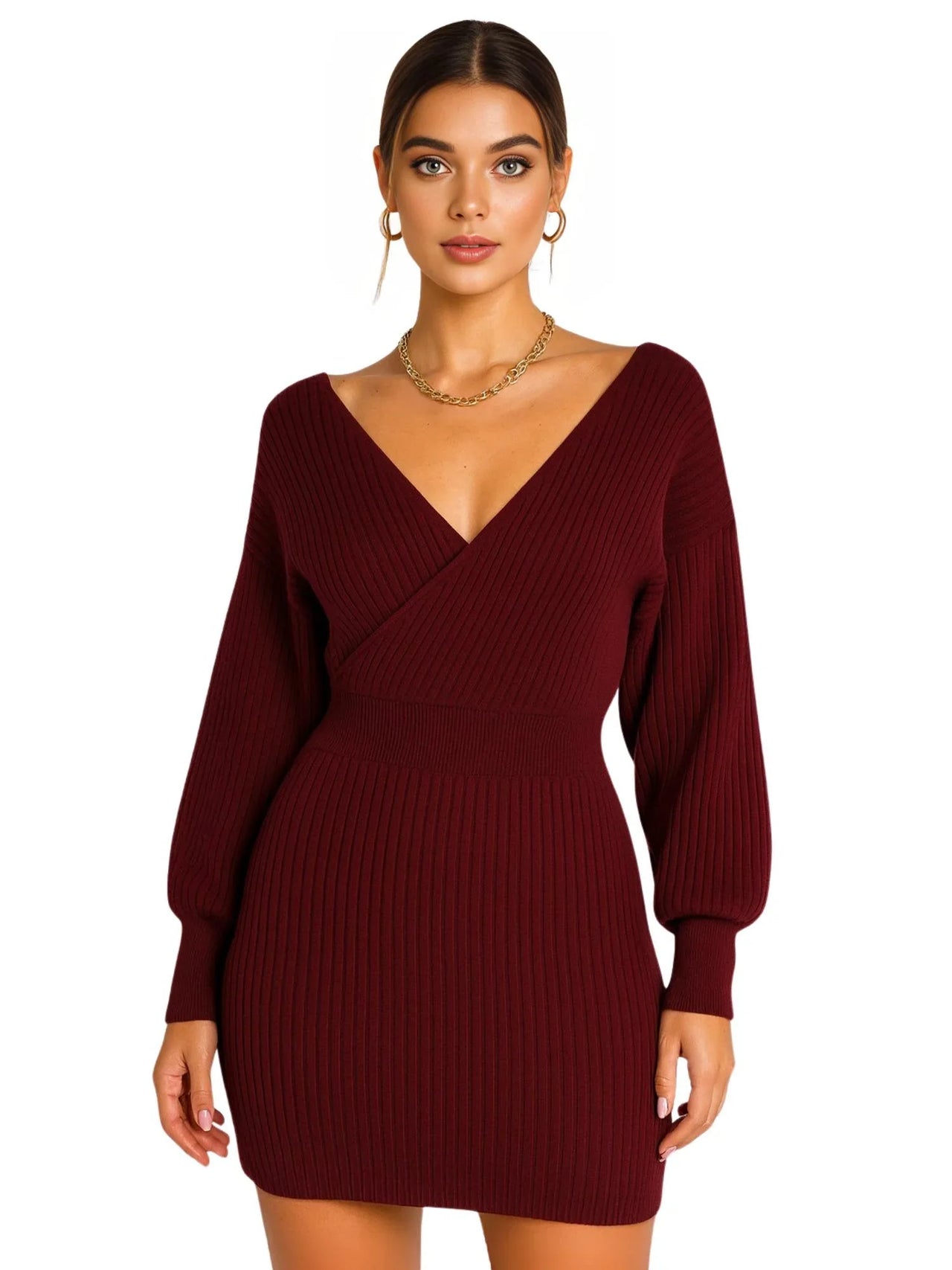 Woman wearing a mini dark red sweater dress on a white background