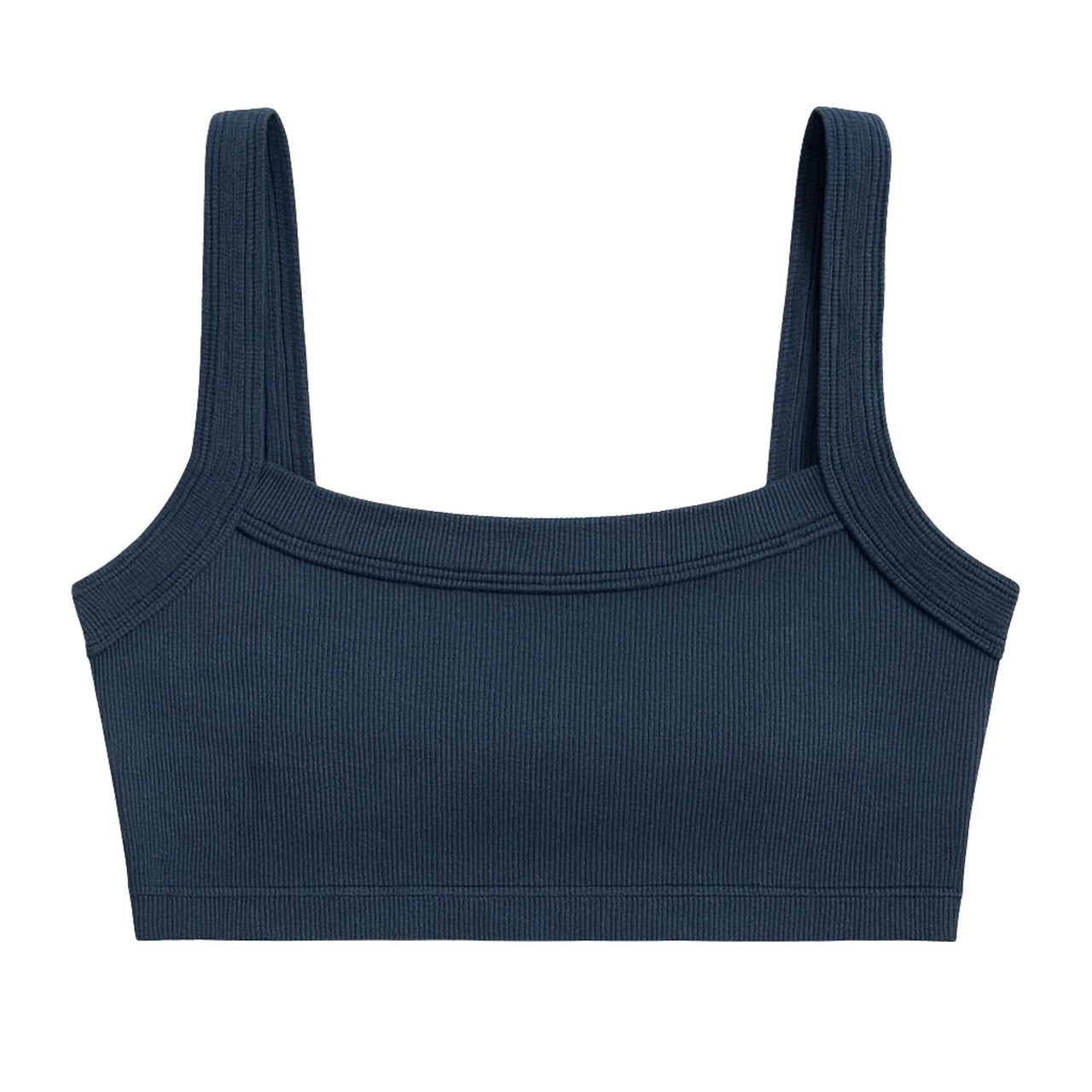 Navy blue ribbed crop top on a white background