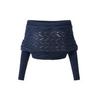 Thumbnail for Navy blue knitted sweater with openwork pattern on a white background