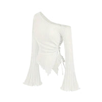 Thumbnail for Women's Off-Shoulder Asymmetrical Shirt Street Style Trumpet Sleeve Top Long Sleeve, Casual Shirts, Long Sleeves, XS, S, M, L, XL, United States, Off Shoulder, USA, Canada, Australia, New Zealand, United Kingdom, UK, Black, Grey, Olive Green, White, Khaki, Dark Olive Green, off the shoulder top, asymmetrical top women's, one shoulder top, off shoulder shirt, asymmetrical off shoulder top, shopdrestiny.com