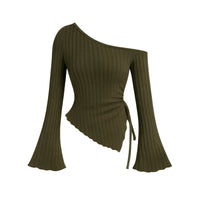 Thumbnail for Olive green ribbed asymmetrical sweater with one shoulder design on a white background