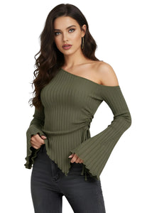 Thumbnail for Women's Off-Shoulder Asymmetrical Shirt Street Style Trumpet Sleeve Top Long Sleeve, Casual Shirts, Long Sleeves, XS, S, M, L, XL, United States, Off Shoulder, USA, Canada, Australia, New Zealand, United Kingdom, UK, Black, Grey, Olive Green, White, Khaki, Dark Olive Green, off the shoulder top, asymmetrical top women's, one shoulder top, off shoulder shirt, asymmetrical off shoulder top, shopdrestiny.com