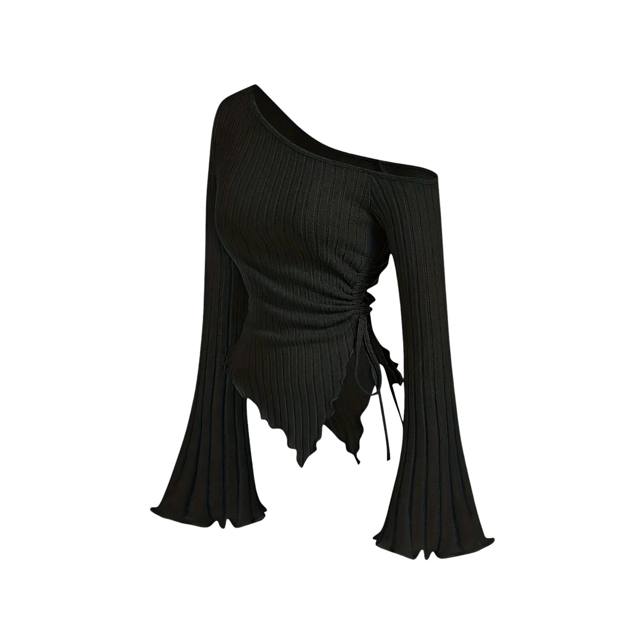 Black one-shoulder asymmetrical top with long flared sleeves on a white background