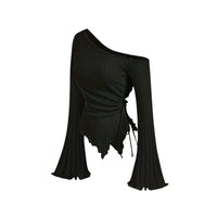 Thumbnail for Black one-shoulder asymmetrical top with long flared sleeves on a white background