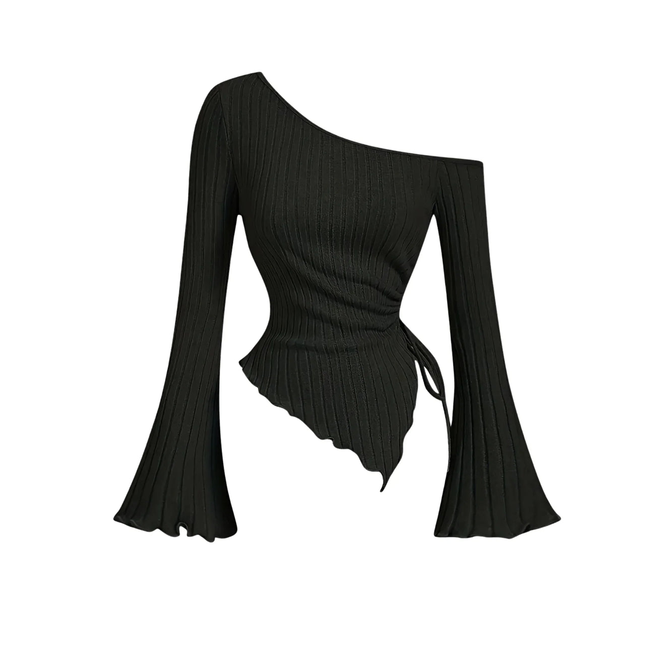 Black one-shoulder asymmetrical ribbed top with long flared sleeves on a white background
