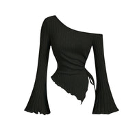 Thumbnail for Black one-shoulder asymmetrical ribbed top with long flared sleeves on a white background
