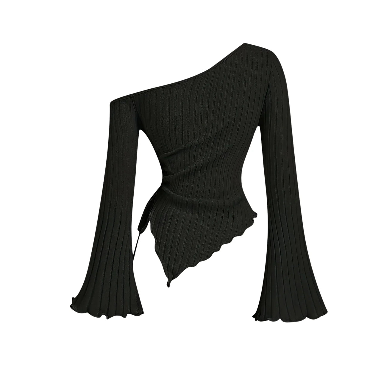 Black one-shoulder asymmetrical ribbed top with long flared sleeves on a white background