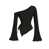 Thumbnail for Black one-shoulder asymmetrical ribbed top with long flared sleeves on a white background