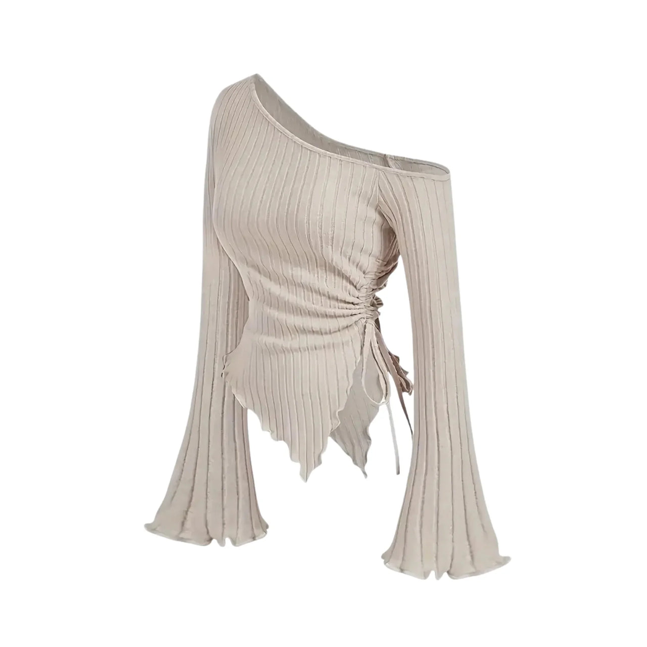 Beige ribbed asymmetrical long sleeved top with one-shoulder design on a white background
