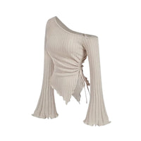 Thumbnail for Beige ribbed asymmetrical long sleeved top with one-shoulder design on a white background