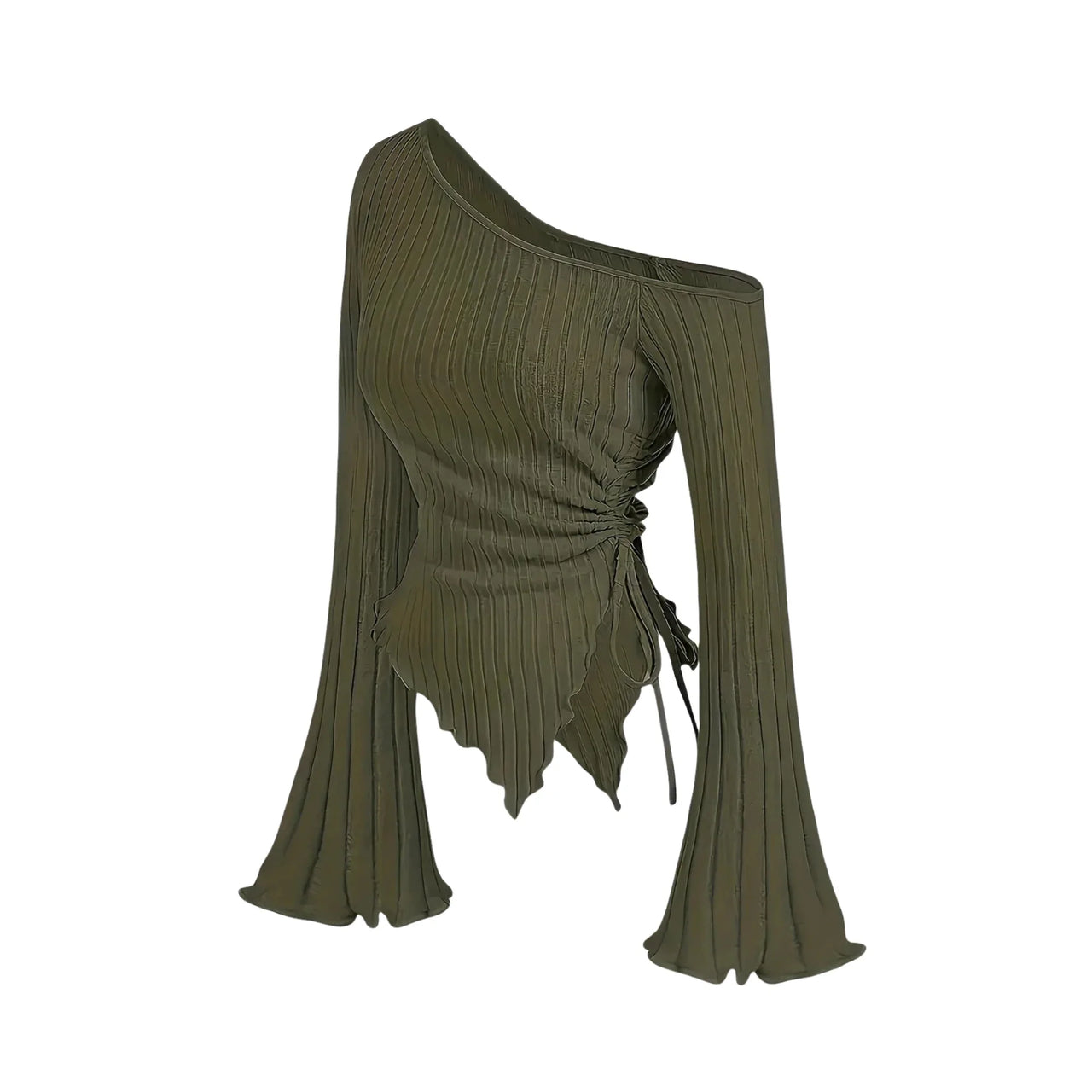 Women's Off-Shoulder Asymmetrical Shirt Street Style Trumpet Sleeve Top Long Sleeve, Casual Shirts, Long Sleeves, XS, S, M, L, XL, United States, Off Shoulder, USA, Canada, Australia, New Zealand, United Kingdom, UK, Black, Grey, Olive Green, White, Khaki, Dark Olive Green, off the shoulder top, asymmetrical top women's, one shoulder top, off shoulder shirt, asymmetrical off shoulder top, shopdrestiny.com