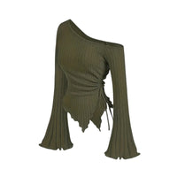 Thumbnail for Women's Off-Shoulder Asymmetrical Shirt Street Style Trumpet Sleeve Top Long Sleeve, Casual Shirts, Long Sleeves, XS, S, M, L, XL, United States, Off Shoulder, USA, Canada, Australia, New Zealand, United Kingdom, UK, Black, Grey, Olive Green, White, Khaki, Dark Olive Green, off the shoulder top, asymmetrical top women's, one shoulder top, off shoulder shirt, asymmetrical off shoulder top, shopdrestiny.com
