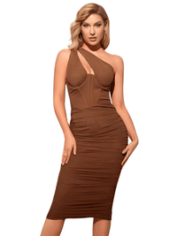 Thumbnail for Women's One Shoulder Hollow out Ruched Boning Midi Dress -, Dresses , Drestiny , Australia, Brown, Canada, Knee Length Dresses, L, M, Midi Dresses, New Zealand, One Shoulder, S, Sky Blue, Sleeveless, United Kingdom, United States, White, XS , Drestiny , www.shopdrestiny.com