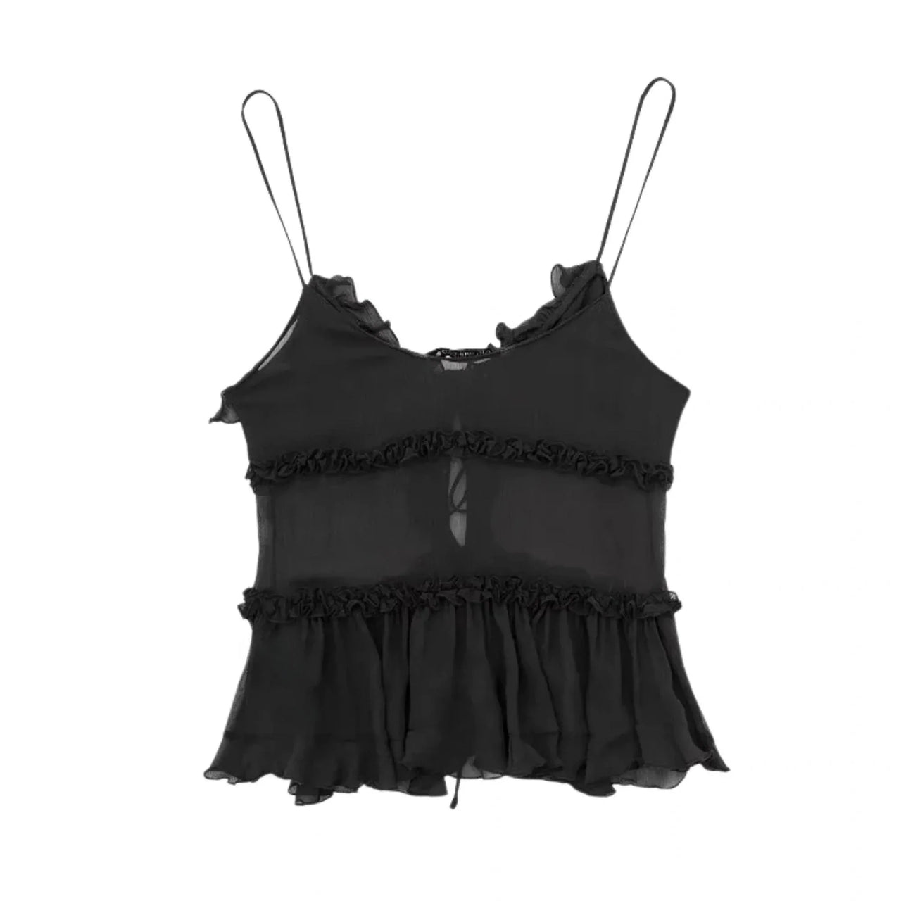 Black ruffled top on a white background