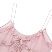 Thumbnail for Women's Open-Front Ruffle Camisole Women's See Through Crop Top Sexy Camis, Drestiny, Camisoles, Crop Tops, Tank Tops, Pink, Black, Casual Shirts, Sleeveless, XS, S, M, L,  United States, USA, Canada, Australia, New Zealand, United Kingdom, UK, ruffle crop top, sheer camisole, open front top, sexy summer tops, going out tops for women, ruffle cami top, open front blouse, sheer going out top, cut out top UK, crop top with ruffles, shopdrestiny.com