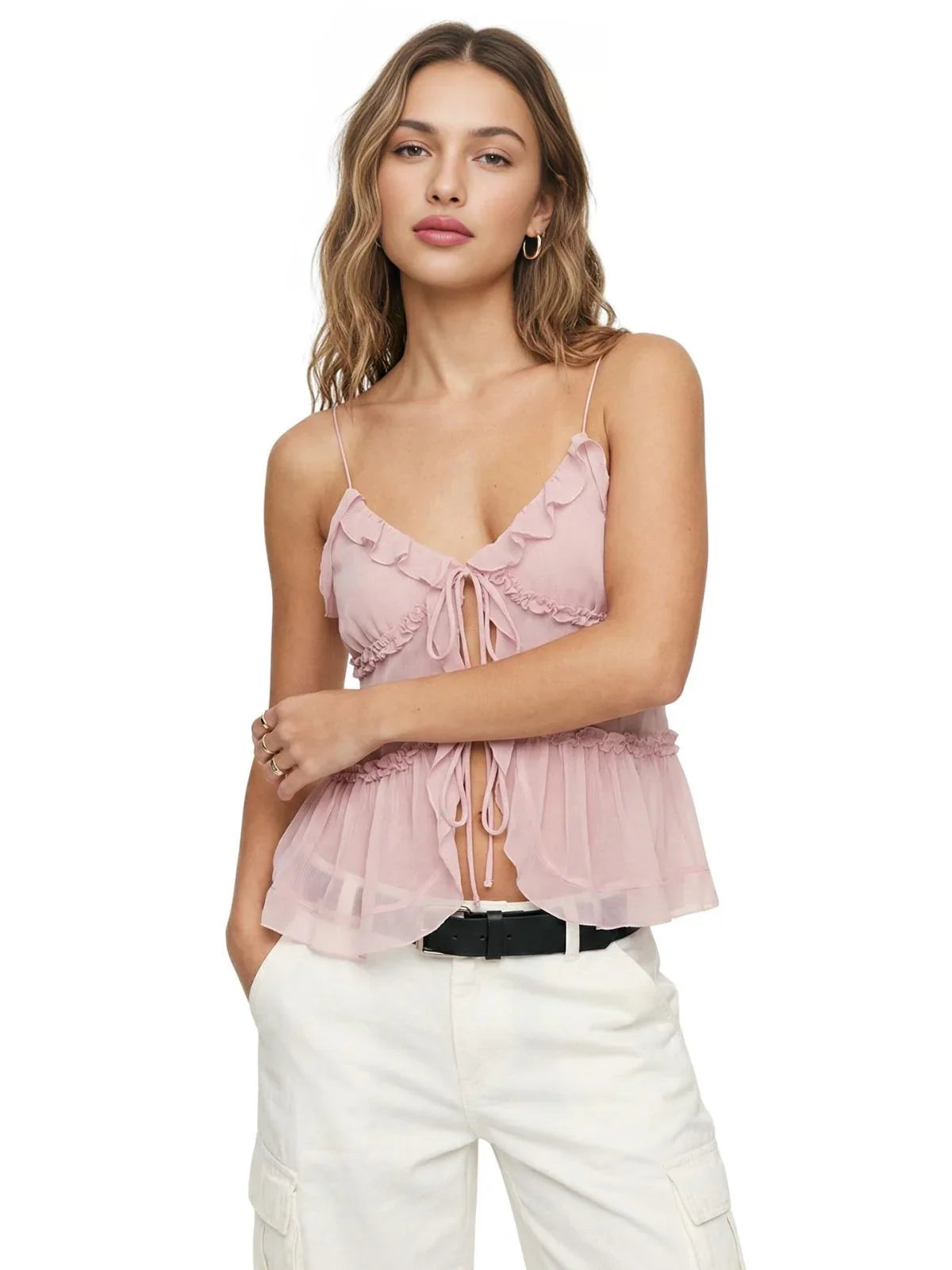 Women's Open-Front Ruffle Camisole Women's See Through Crop Top Sexy Camis
