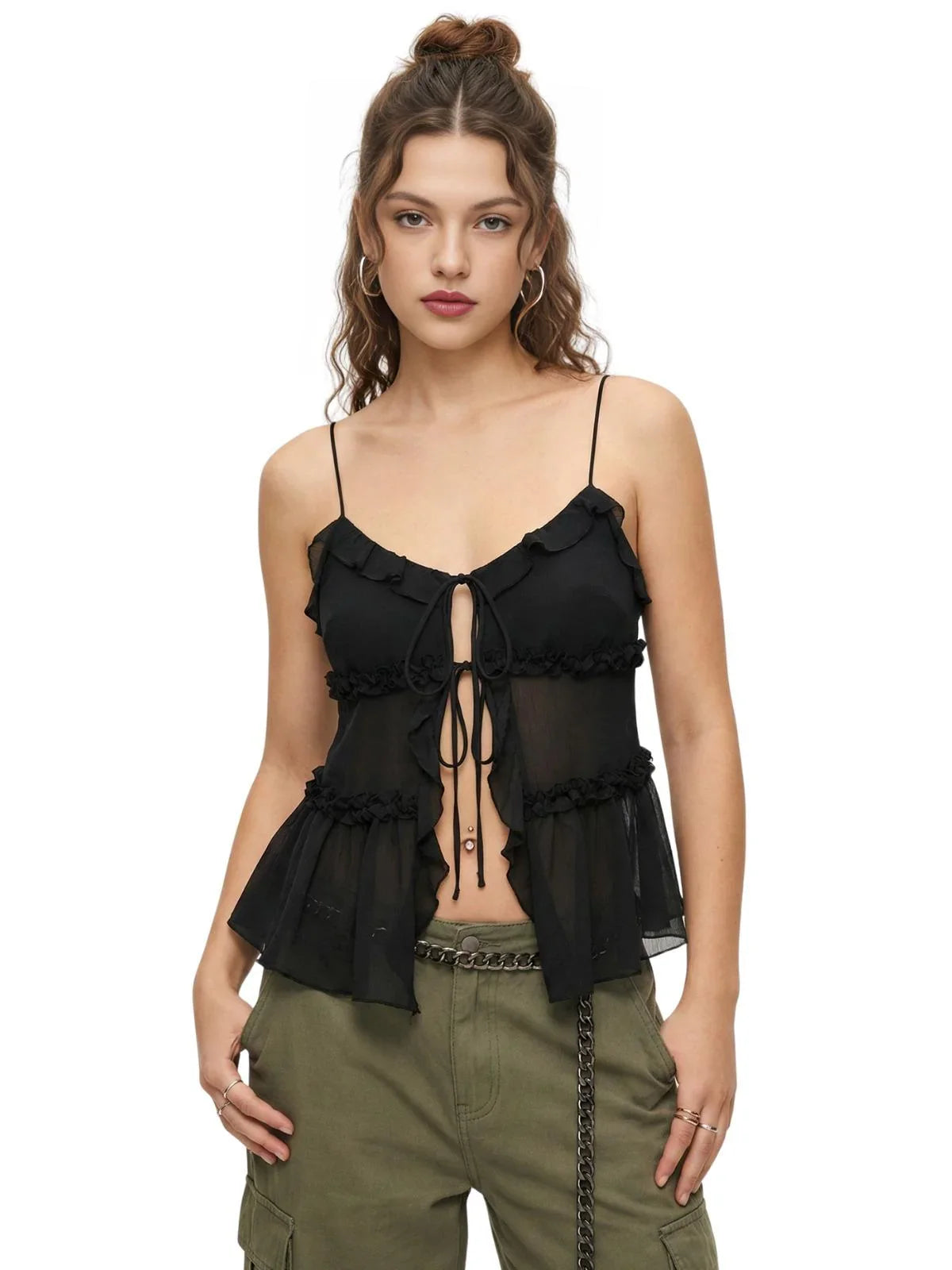 Women's Open-Front Ruffle Camisole Women's See Through Crop Top Sexy Camis