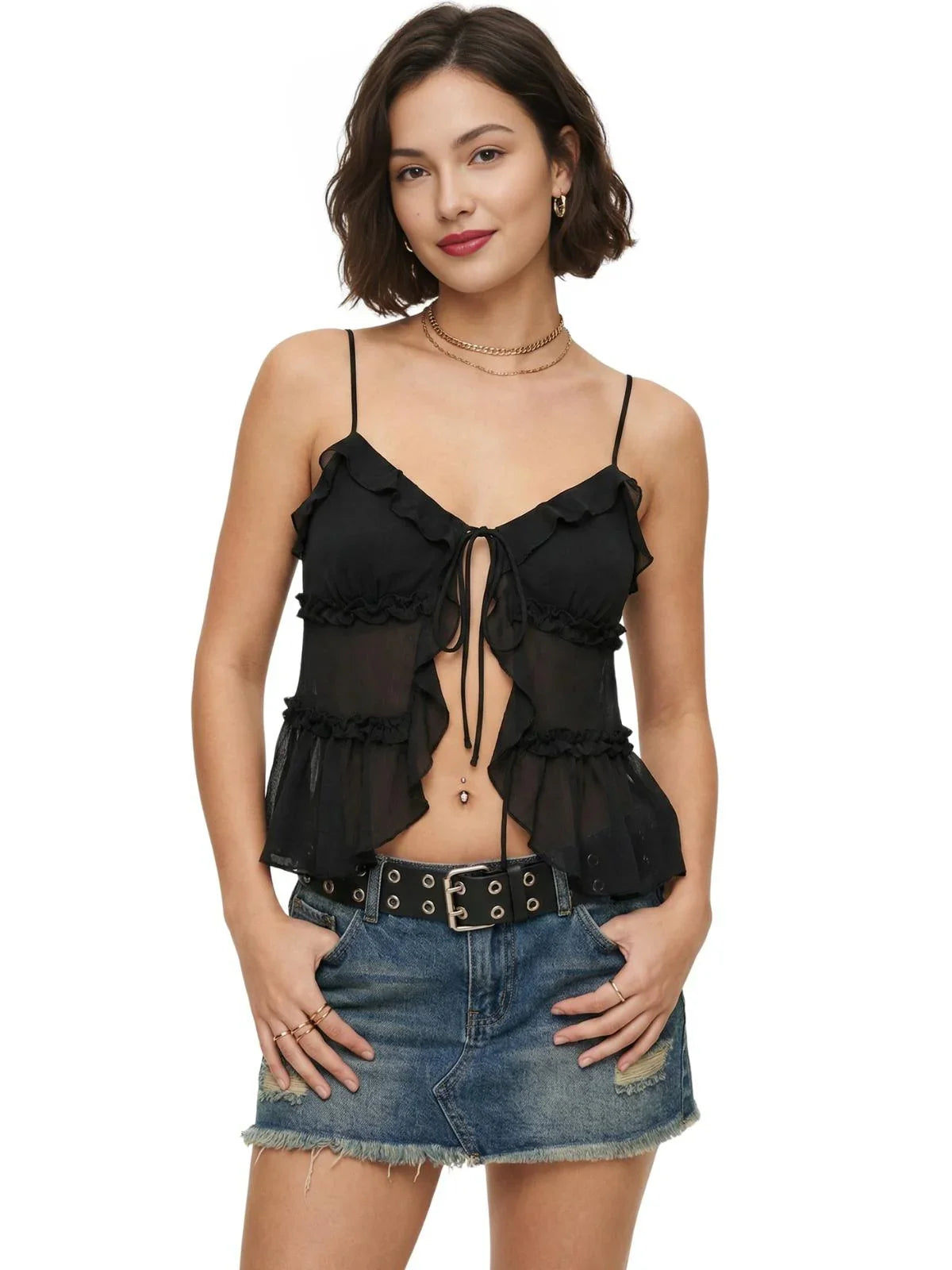 Women's Open-Front Ruffle Camisole Women's See Through Crop Top Sexy Camis