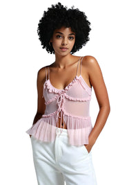 Thumbnail for Woman wearing a pink lace top and white pants on a white background